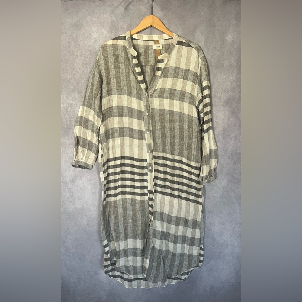 Diega Striped Linen Long Sleeve Button-Up Shirt Dress Medium